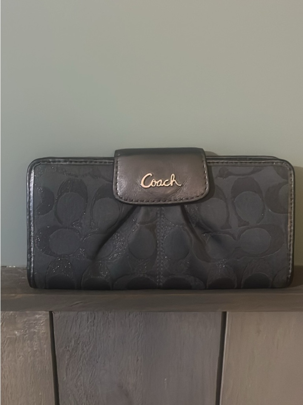 Coach Black Signature Clutch Wallet with Gold Logo